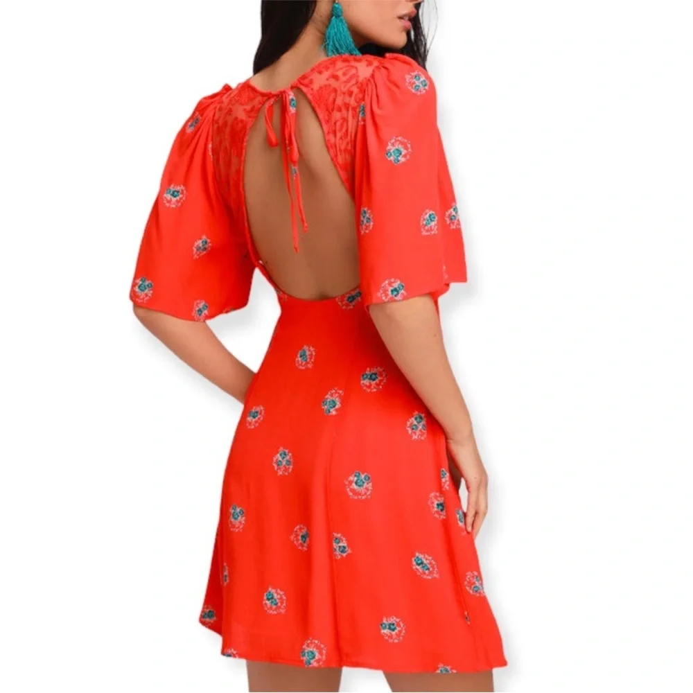 Free People Mockingbird Floral Cut Out Mini Dress Coral Red 2